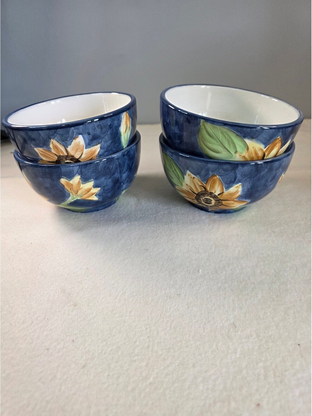 Bed Bath & Beyond Sunflower Bowls Set of 4 Blue Ceramic Floral Serving Bowls